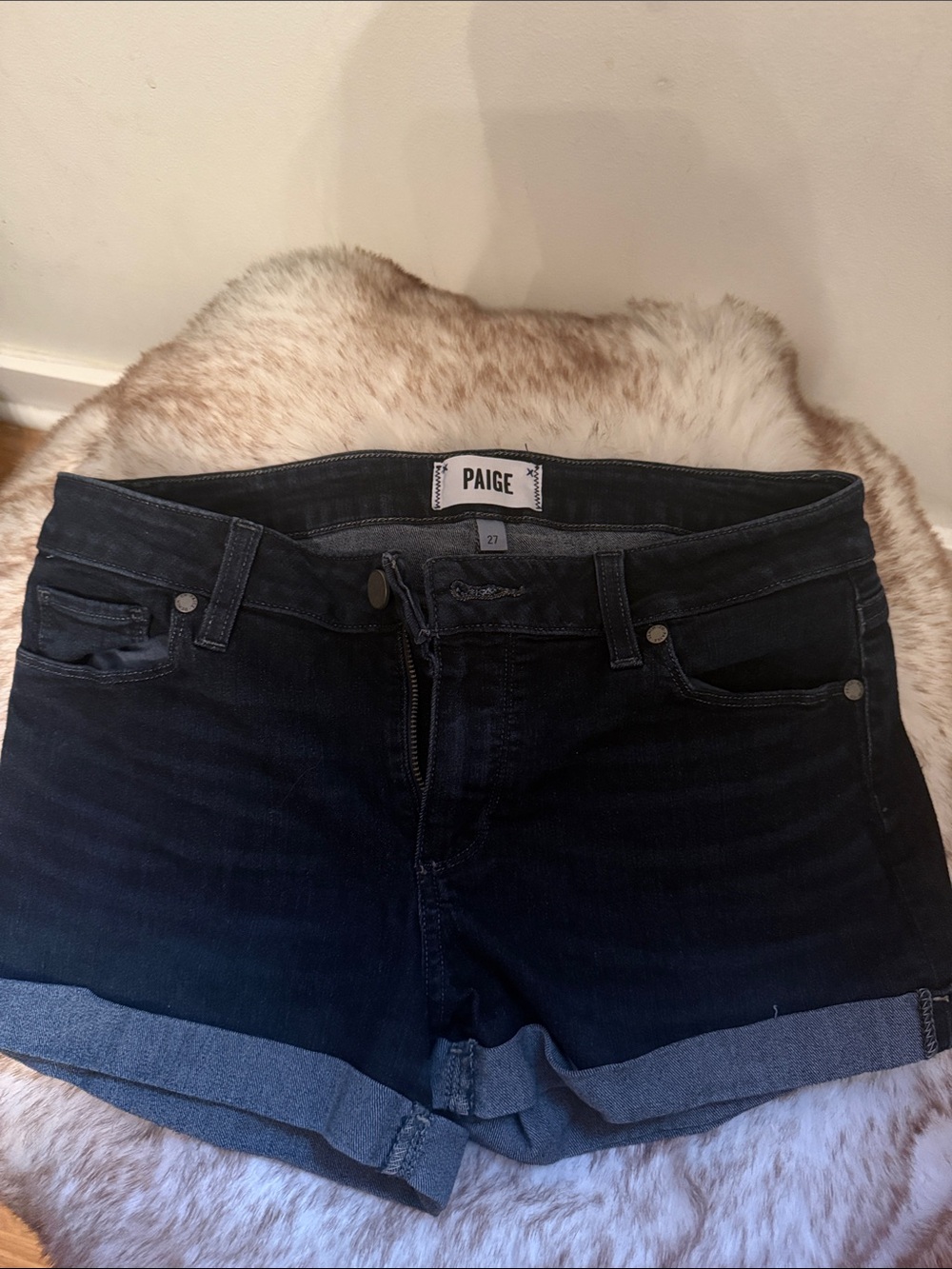PAIGE Black to Dark Blue Ombre Cuffed Denim Shorts